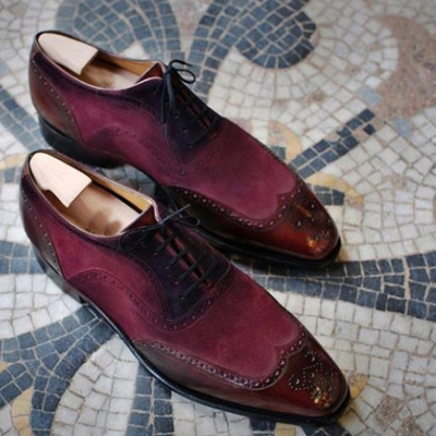 New men two tone maroon suede brogue toe wing tip oxford real leather shoes