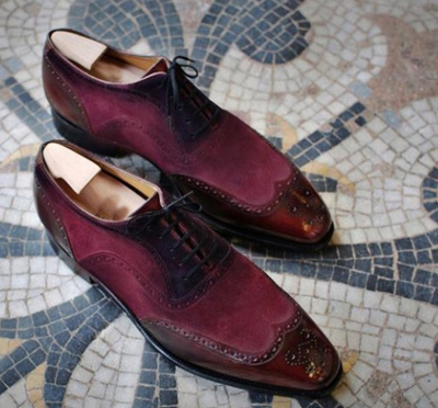 New Men Two Tone Maroon Suede Brogue Toe Wing Tip Oxford Real Leather Shoes