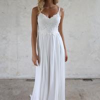 Elegant A-Line V Neck Open Back White Lace Beach Wedding Dresses,Simple Wedding Gown,439 - Thumbnail 1