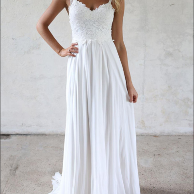 Elegant a-line v neck open back white lace beach wedding dresses,simple wedding gown,439 - Thumbnail 4