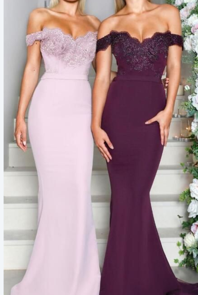 Mermaid Off the Shoulder Elastic Satin Long Bridesmaid Dress with Appliques,440