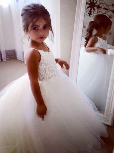 Ball Gown Spaghetti Straps Ivory Tulle Flower Girl Dress with Appliques,445