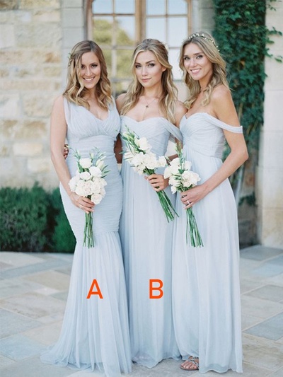 Elegant Off the Shoulder Sky Light Blue Chiffon Pleat Bridesmaid Dresses,446