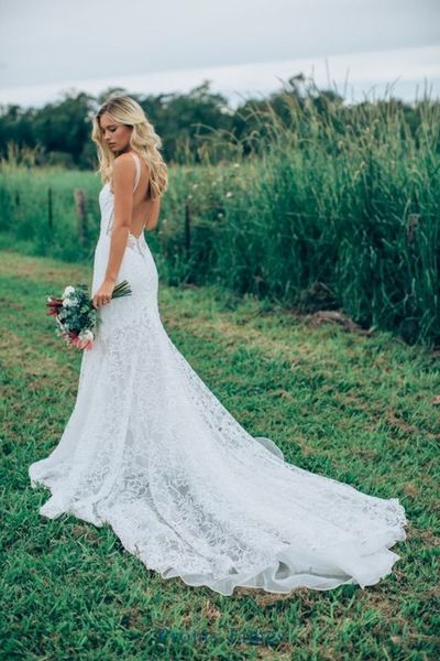 2019 Lace Spaghetti Straps Wedding Dresses Mermaid Court Train Open Back,447