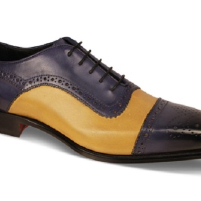 New handmade men french blue mustard oxford burnish cap-toe shoes
