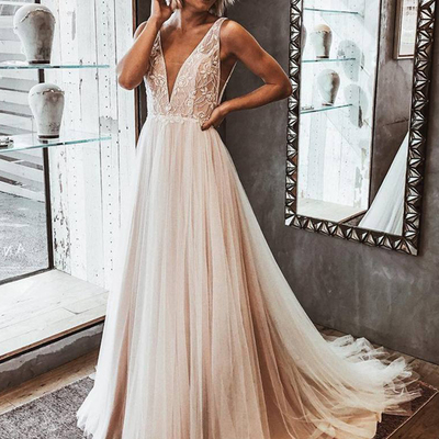 2019 new a-line v neck open back ivory tulle wedding dresses with lace,beach wedding gown,448 - Thumbnail 5