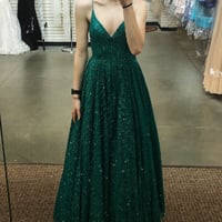 Stunning A-Line V Neck Spaghetti Straps Open Back Green Sequins Long Prom Dresses,Formal Junior Graduation Gown,450 - Thumbnail 1