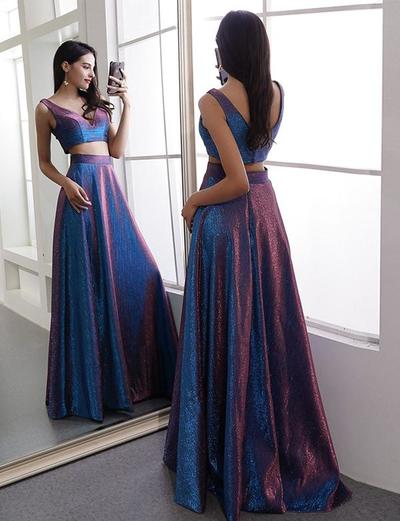 Two Piece Blue Long Prom Dresses V Neck Evening Dresses 2019 For Women,451