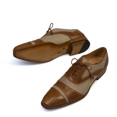 New Handmade Mens Camel & Natural Lizard & Linen Fabric Oxfords Shoes
