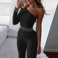Women'S One Shoulder Long Sleeve Jumpsuit - Thumbnail 1