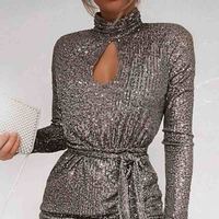 Long Sleeve Sexy Silver Dress - Thumbnail 1