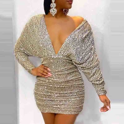 V-neck sweet women sequin dress - Thumbnail 4