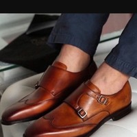 Stylish Handmade Brown Classic Double Monk Strap Gorgeous Looking Formal Shoes In Genuine Leather For Men  - Thumbnail 1