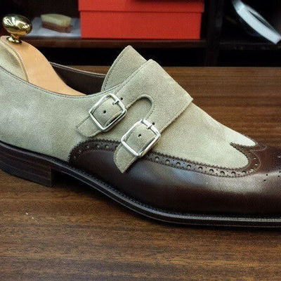 Stylish dark brown grey handmade double monk wing tip formal wedding shoes in genuine leather suede for men