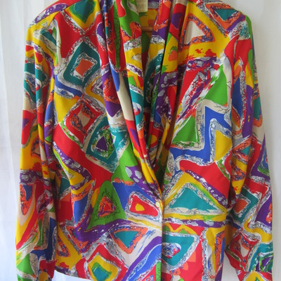 Multi-colored print vintage cowl neck blouse/blazer