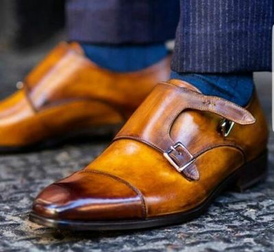 Handmade Men's Shaded Tan Double Monk Strap Business Shoes, Real Leather Shoes