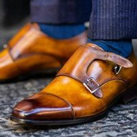 Handmade Men's Shaded Tan Double Monk Strap Business Shoes, Real Leather Shoes - Thumbnail 1