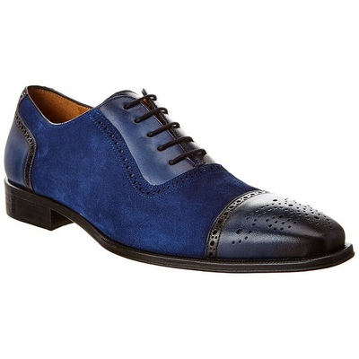 Mens handmade shoes brogue two tone blue suede blue leather formal dress boots 