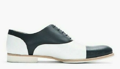 Men's Genuine Leather Handmade Black and White Spectator Shoes, Two Tone Shoes