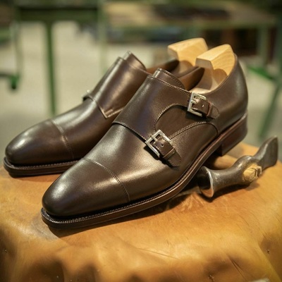 Handmade mens dark brown leather monk shoes men double monk leather dress shoes