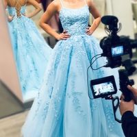 A Line Spaghetti Straps Appliques Tulle Prom Dresses,Graduation Dance Dress - Thumbnail 2