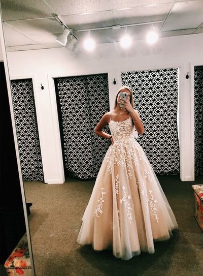 A Line Spaghetti Straps Appliques Tulle Prom Dresses,Graduation Dance Dress