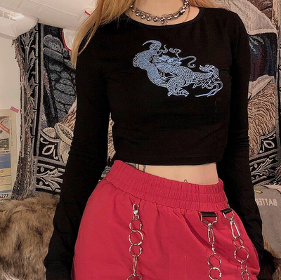 Dragon Printed Long Sleeve Black Top
