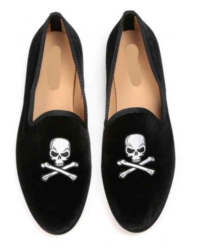 New Handmade Men Latest Velvet Skull Embroidered Loafer Slippers, Men Moccasin