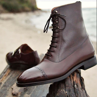 Handmade men's dark brown brogue lace up round toe leather dress ankle boots - Thumbnail 4