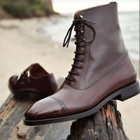 Handmade Men's Dark Brown Brogue Lace Up Round Toe Leather Dress Ankle Boots - Thumbnail 1