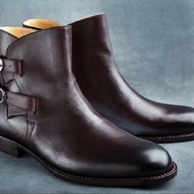 Handmade men burgundy double monk strap dress boots, real leather ankle boots - Thumbnail 1
