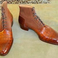 Handmade Men's Chukka Lace Up Crocodile Texture Leather Suede Dress Ankle Boots - Thumbnail 4
