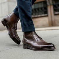 Handmade Men Brown Brogue Lace Up Round Toe Dress Boots, Real Leather Ankle Boot - Thumbnail 4
