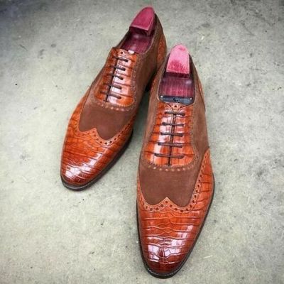 Handmade Men Wing Tip Brogue Lace Up Crocodile Texture Leather Suede Dress Shoes