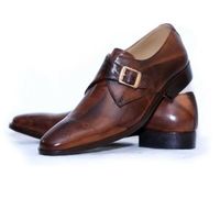 Handmade Men's Shaded Brown Brogue Monk Strap Cap Toe Dress Leather Shoes - Thumbnail 1