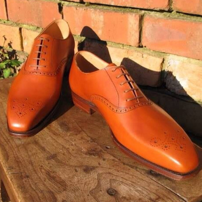 New brown brogue classic pointed toe handmade formal men lace up shoes