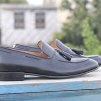 Black Tussles Shoes,Loafer Leather Dress Shoes - Thumbnail 2