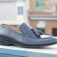 Black Tussles Shoes,Loafer Leather Dress Shoes - Thumbnail 1