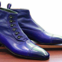 Hand Made Blue Leather Cap Toe Button Dress Formal Ankle Boot - Thumbnail 4