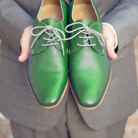 handmade men new green leather casual fashion lace up custom shoes - Thumbnail 1