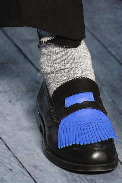 Handmade Men New Black Leather Penny Loafer Blue Fringe Formal Shoes