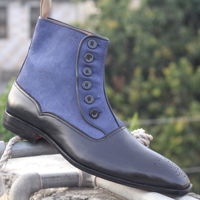 Men's ankle blue black button top leather suede boots - Thumbnail 4