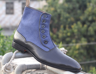 Men's Ankle Blue Black Button Top Leather Suede Boots
