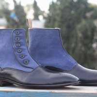 Men's Ankle Blue Black Button Top Leather Suede Boots - Thumbnail 1