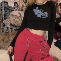 Dragon Printed Long Sleeve Black Top - Thumbnail 1