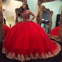 High Neck Ball Gown Quinceanera Dresses Pageant Gown Princess Dress - Thumbnail 1