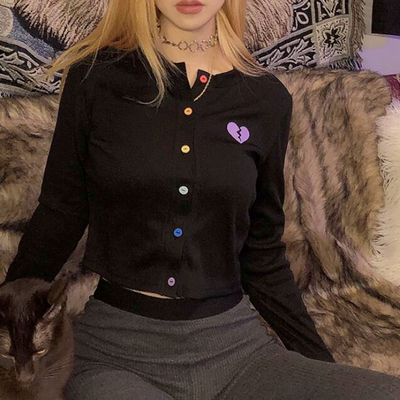 Broken heart colorful button black cardigan t-shirt