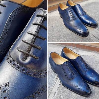 Handmade men's blue wingtip brogue leather shoes, men lace up dress formal shoes