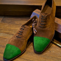 Custom Green Tone Cap Toe Handmade Brown Suede Casual Lace Up Shoes - Thumbnail 1