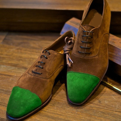 Custom green tone cap toe handmade brown suede casual lace up shoes